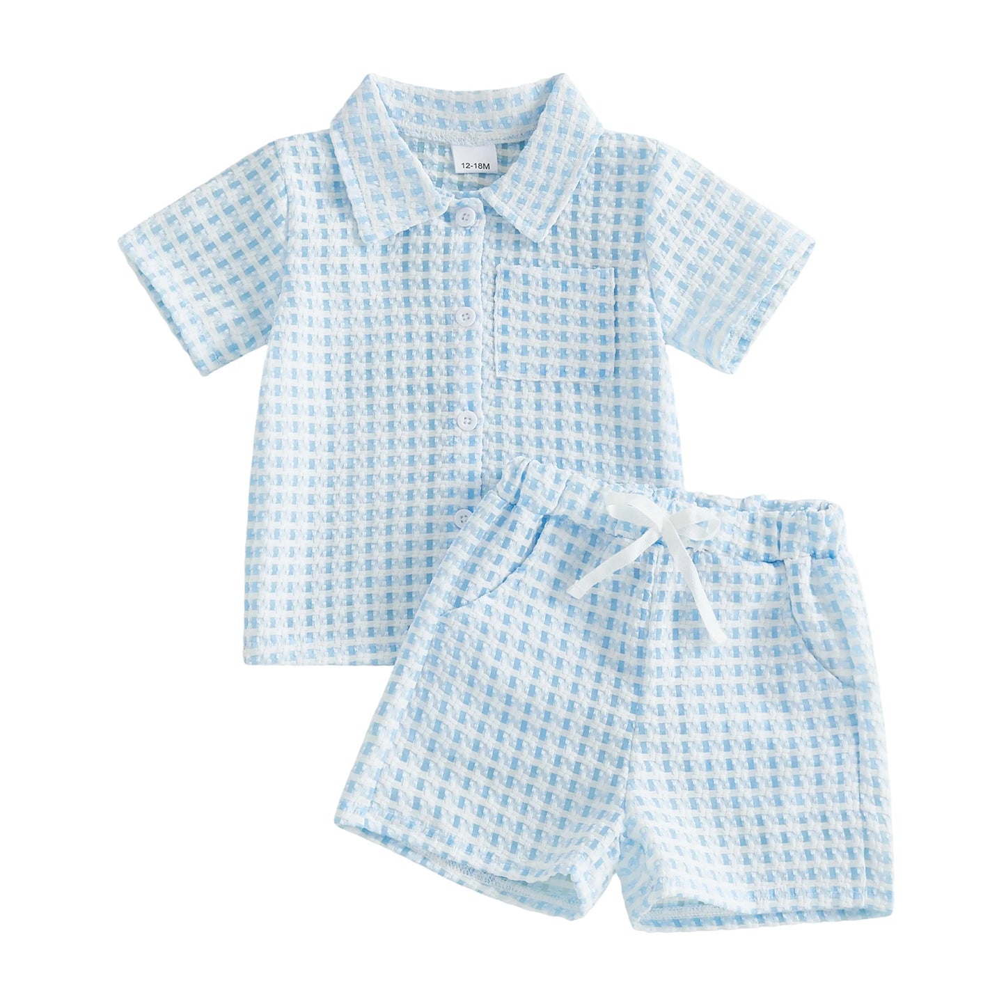 Boy's Checkered Short-Sleeve Shirt with Button-Down Collar and Matching Shorts 2-Piece Set