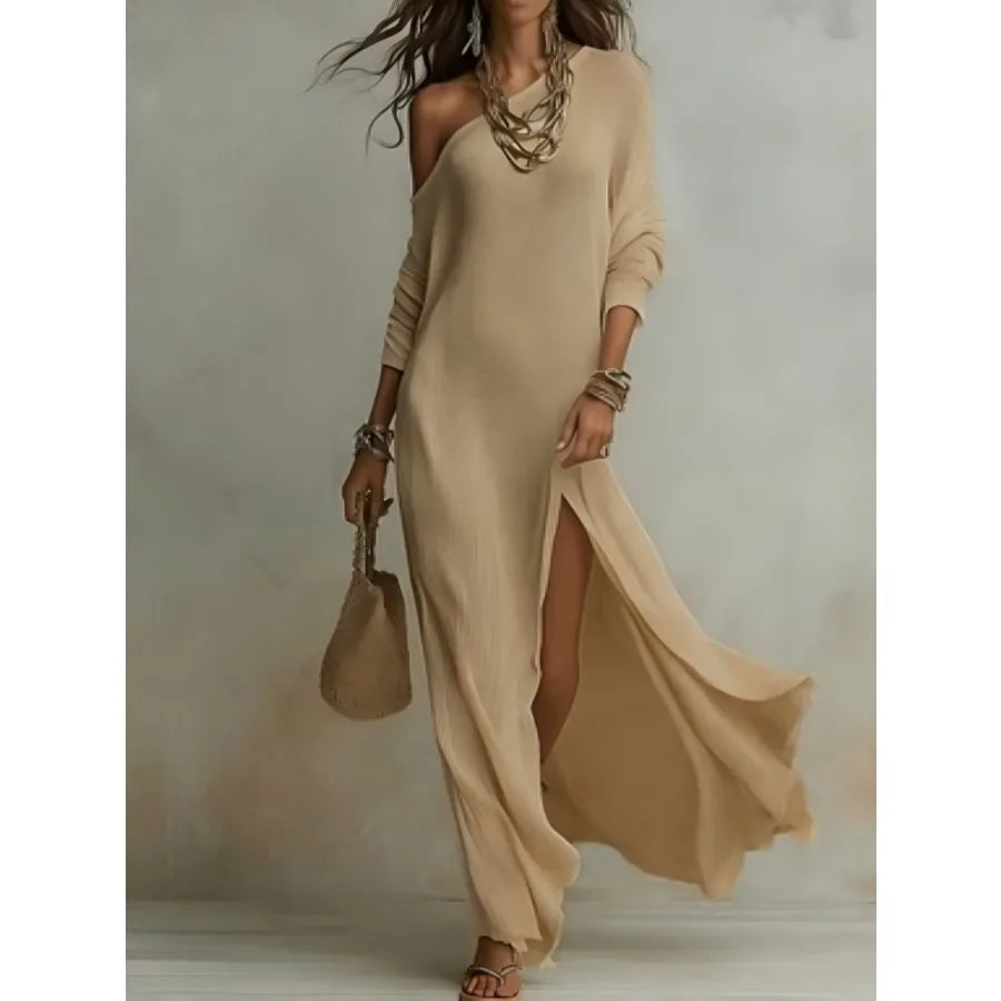 Elegant Long-sleeved Knitted Pleated Split Women's Dress