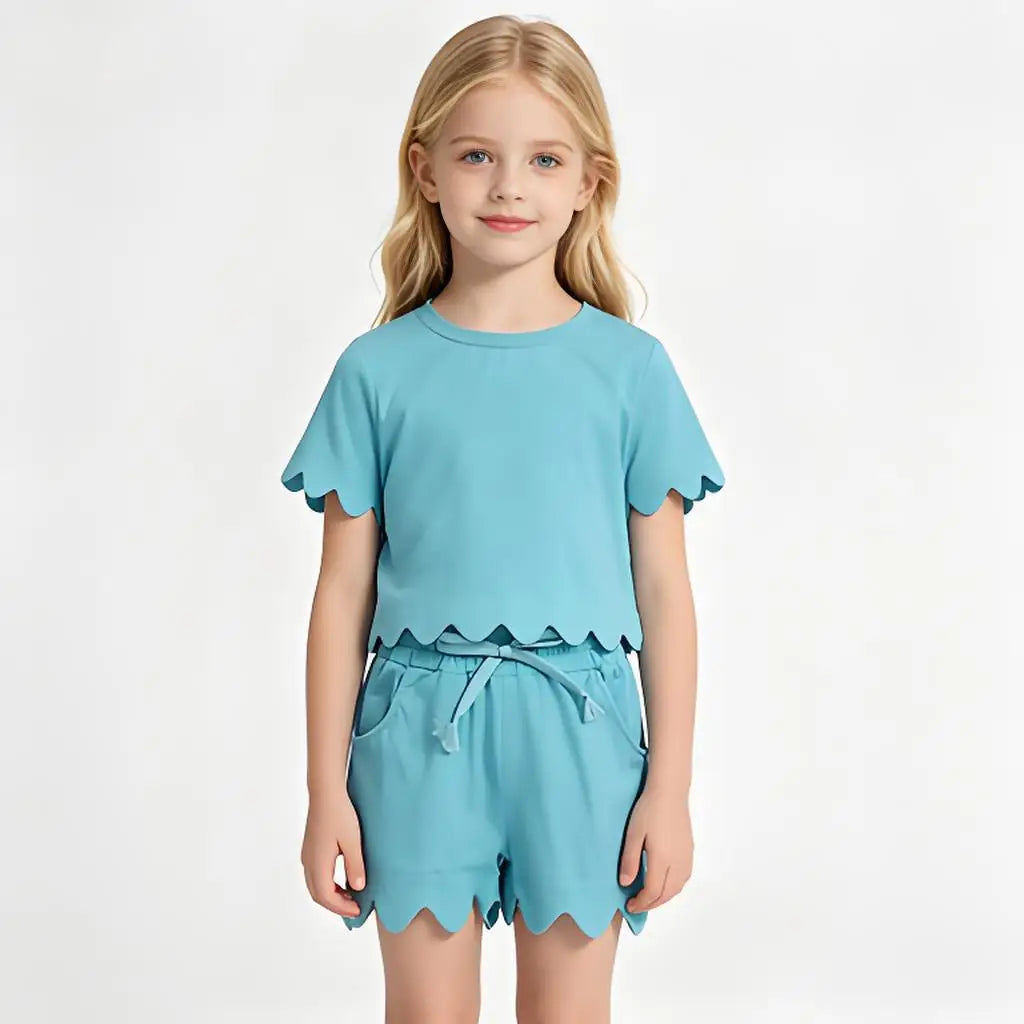 Cotton Clothes Sets with Short Sleeve Top Pockets And Scallop Shorts