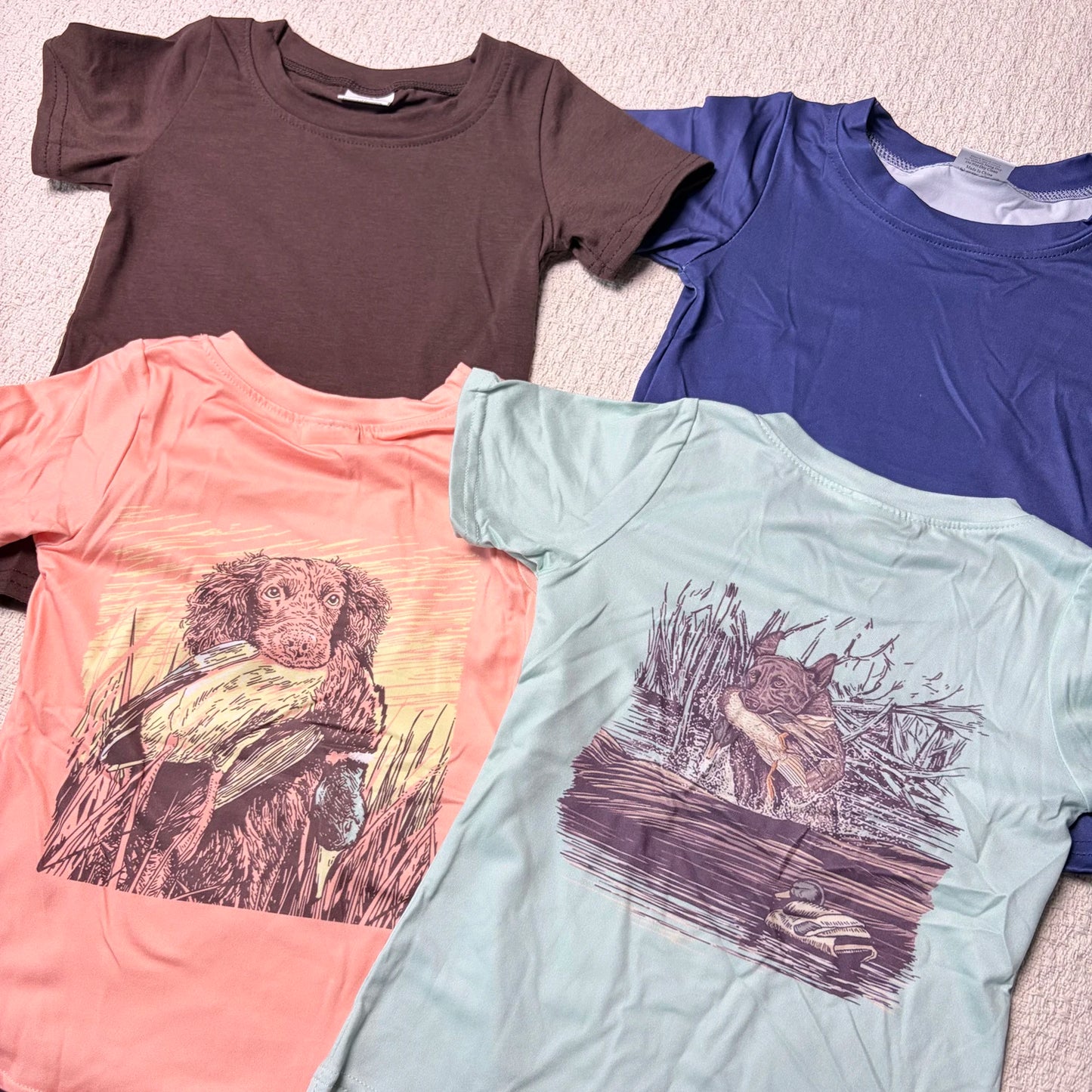 Boys Short Sleeve Tee Shirt Western Hunting Theme with Dog Deer Ducks Design