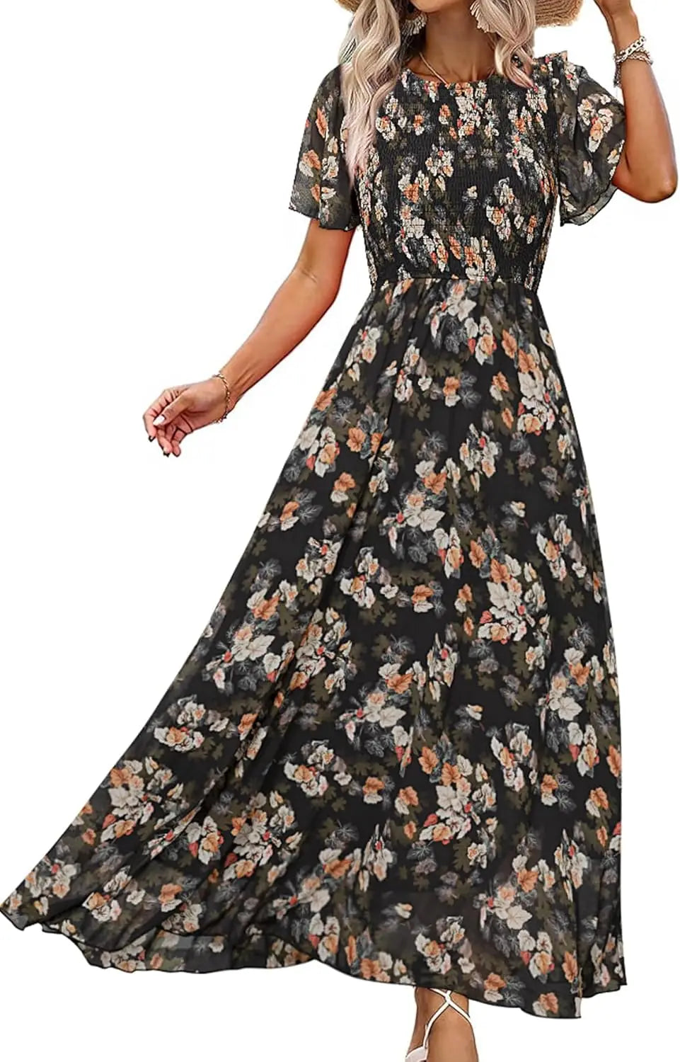 Womens Casual Floral Summer Maxi Dress 2026 Boho Flowy Short Sleeve Crew Neck Vacation Smocked Chiffon Dresses