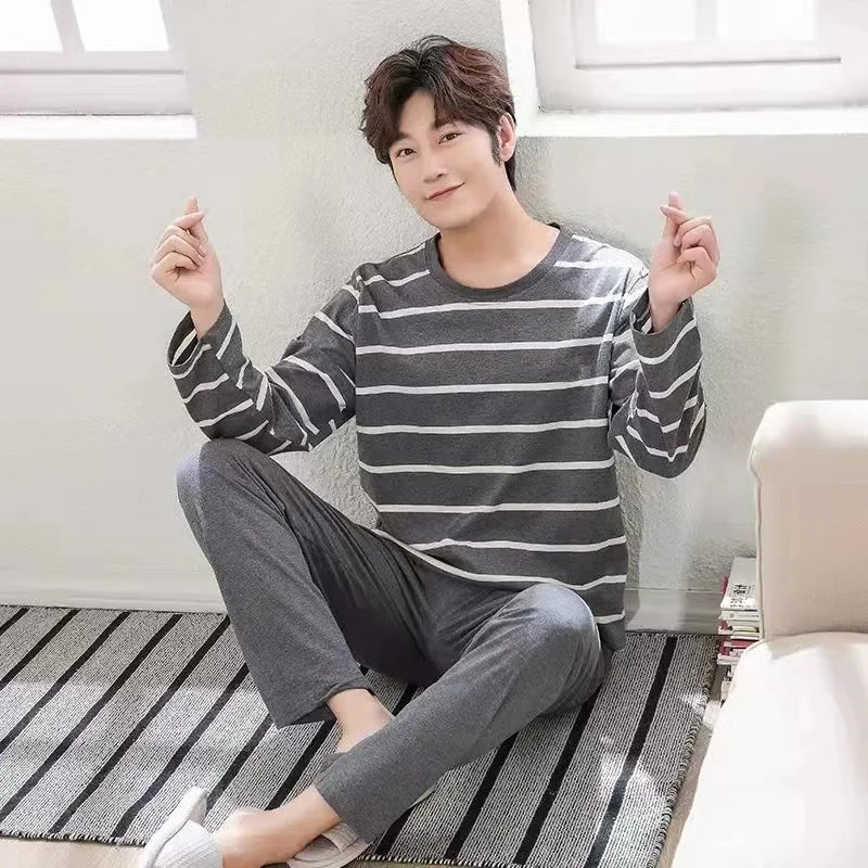 2PCS/Set Men's Pajamas Long-Sleeved Fashion Soft Simple Casual Black Striped Sleepwear