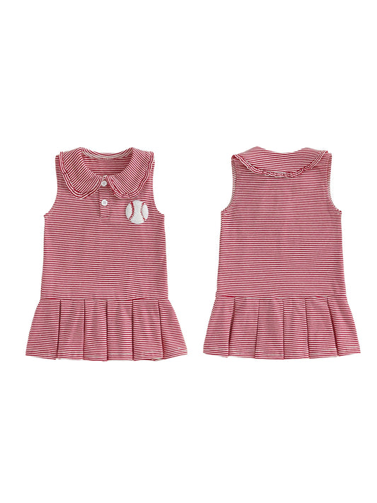 Girls Sleeveless A-line Dress with Doll Collar and Baseball Embroidery Striped Summer Dress