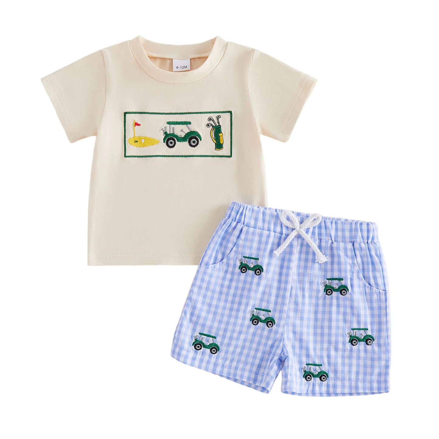 Boys Outfits with Cute Animal Embroidery Short Sleeve T-Shirts and Elastic Waist Plaid Shorts