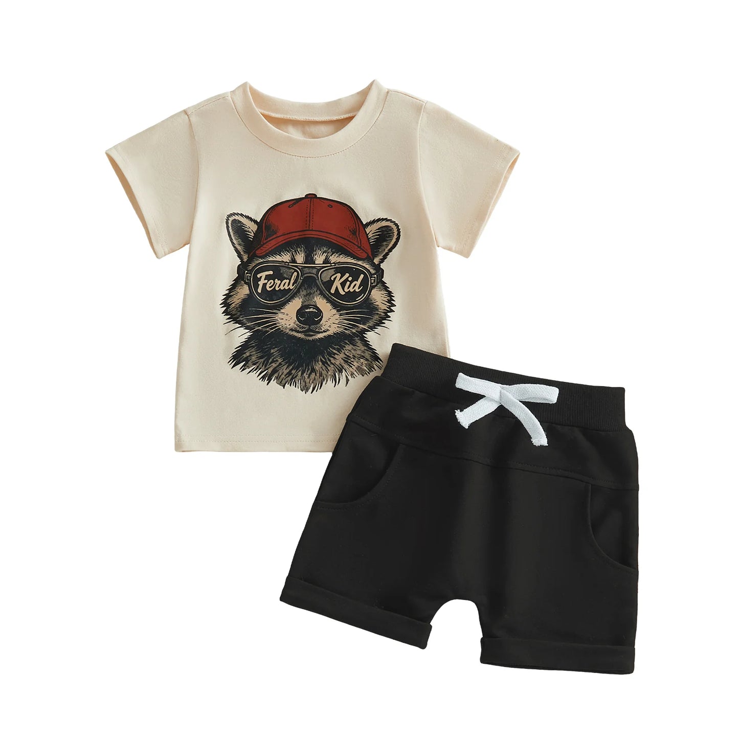 Boy s Summer Clothing Set with Adorable Raccoon Design Short Sleeve Top and Matching Shorts