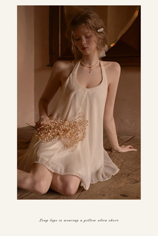 French Nightdress Swinging Collar Halter Neck Backless Summer Ice Silk Pajamas