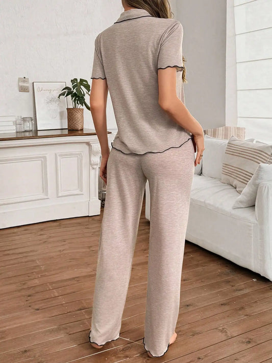 Women's Soft Lightweight Pajama Set with Ruffle Trim, Short Sleeve Top & Pants, Khaki Color