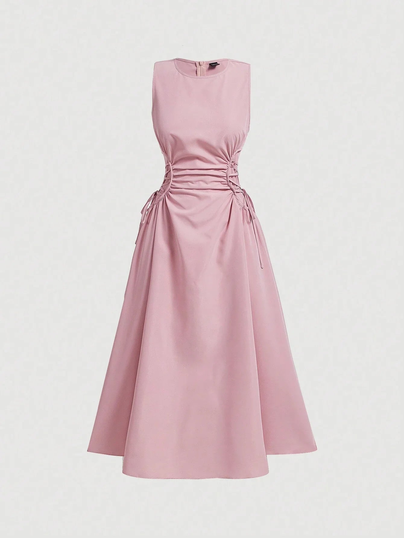 Pink Floral Halter Neck Midi Dress With Bow Tie Waist And Full Skirt