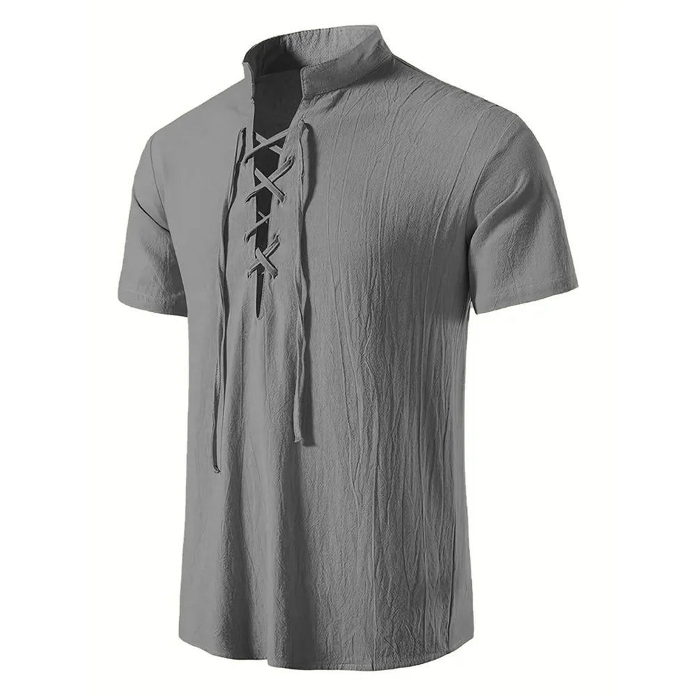 Men's Short Sleeve Cotton Linen Lightweight Breathable Solid Color Pirate V-neck