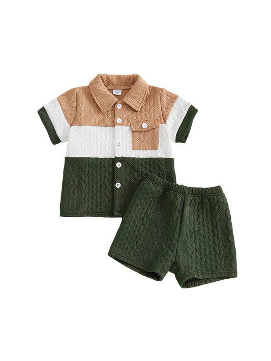 Boy s Summer Outfit Set with Short Sleeve Button-up Shirt and Solid Shorts