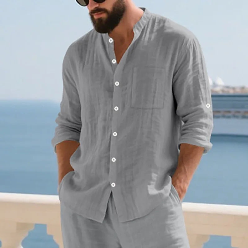 Men White Linen Button Down Long Sleeve Shirt Mandarin Collar Chest Pocket Roll Tab Cuff Loose Oversized & Breathable
