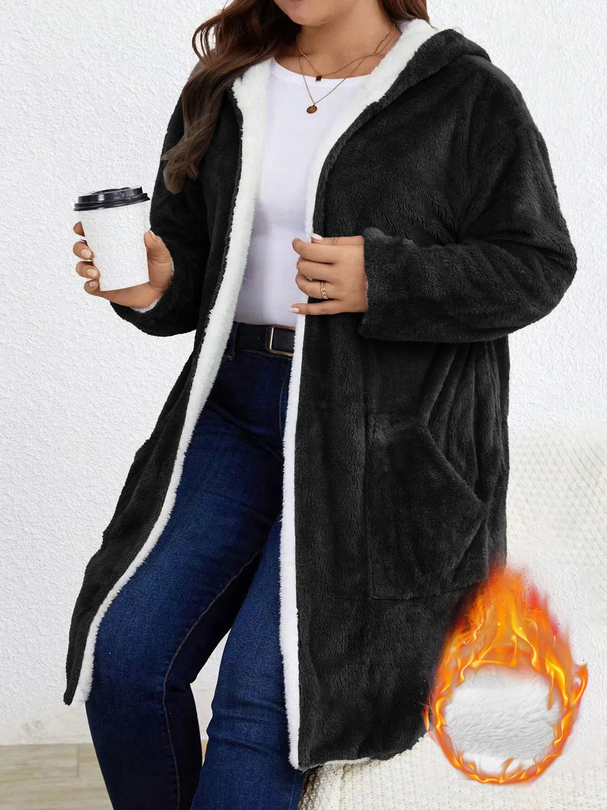 Women Fuzzy Fleece Lined Hooded Long Open Cardigan Warm Sherpa Trim Mid Length Coat With Side Pockets