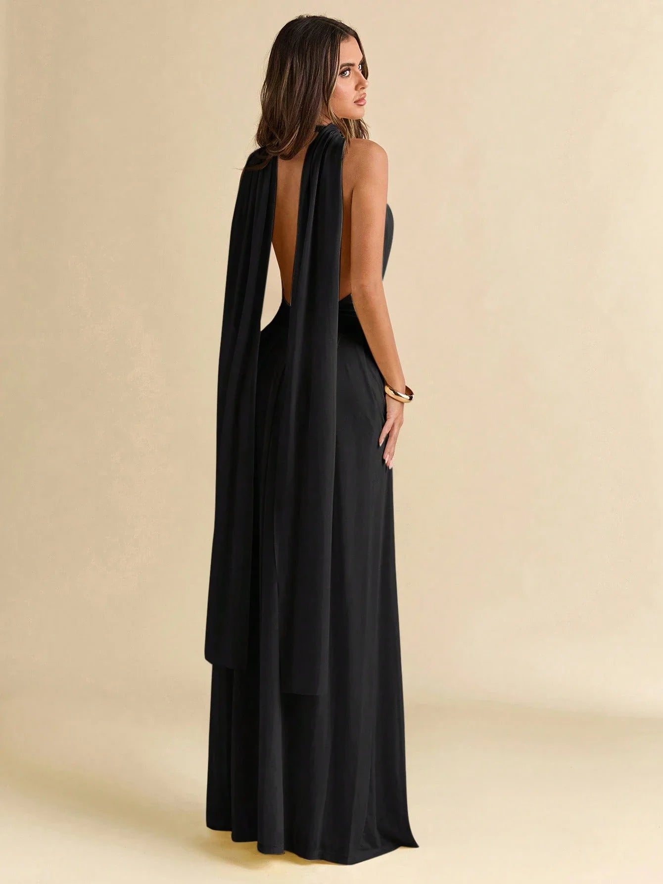 Solid Color Draped Halter Backless Maxi Dress