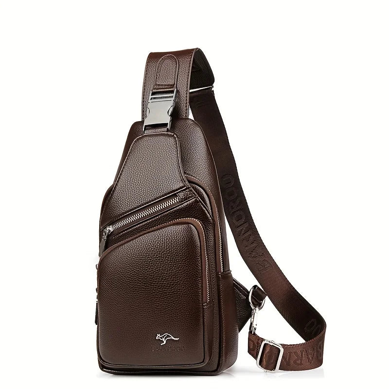 Men’s Vintage PU Leather Sling Bag – Large Capacity Crossbody Chest Bag with Multi-Pockets, Secure Buckle Closure
