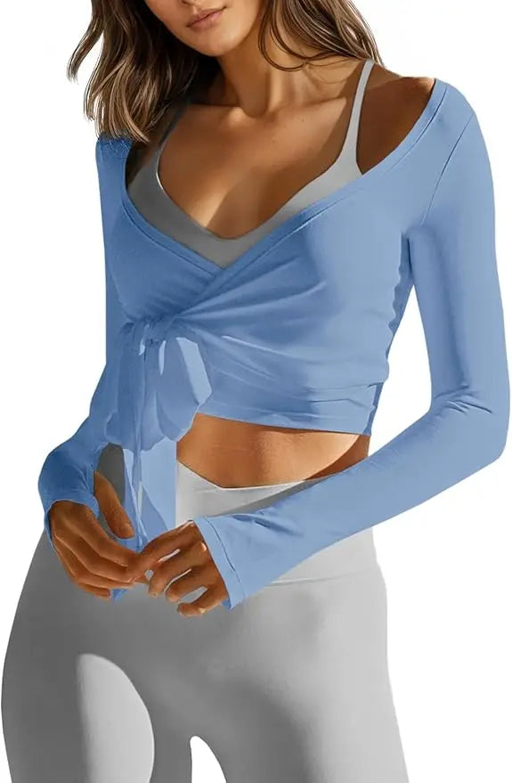 Women's Lightweight Balletcore Wrap Shrug  Tie Front Long Sleeve Crop Top Breathable Knit Shirt For Casual Layered Outfit
