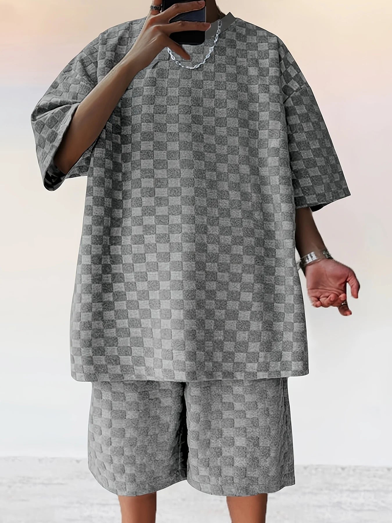 Summer Jacquard Plaid Short-Sleeve T-Shirt And Loose Straight-Leg Casual Shorts Set