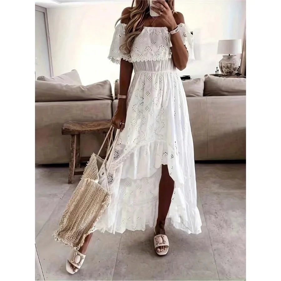 White Eyelet Embroidery Off Shoulder Waist Flowy Maxi Dress