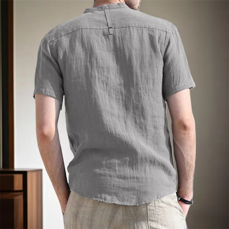 Casual Short Sleeve Linen Shirt Lightweight Breathable with Round Neck
