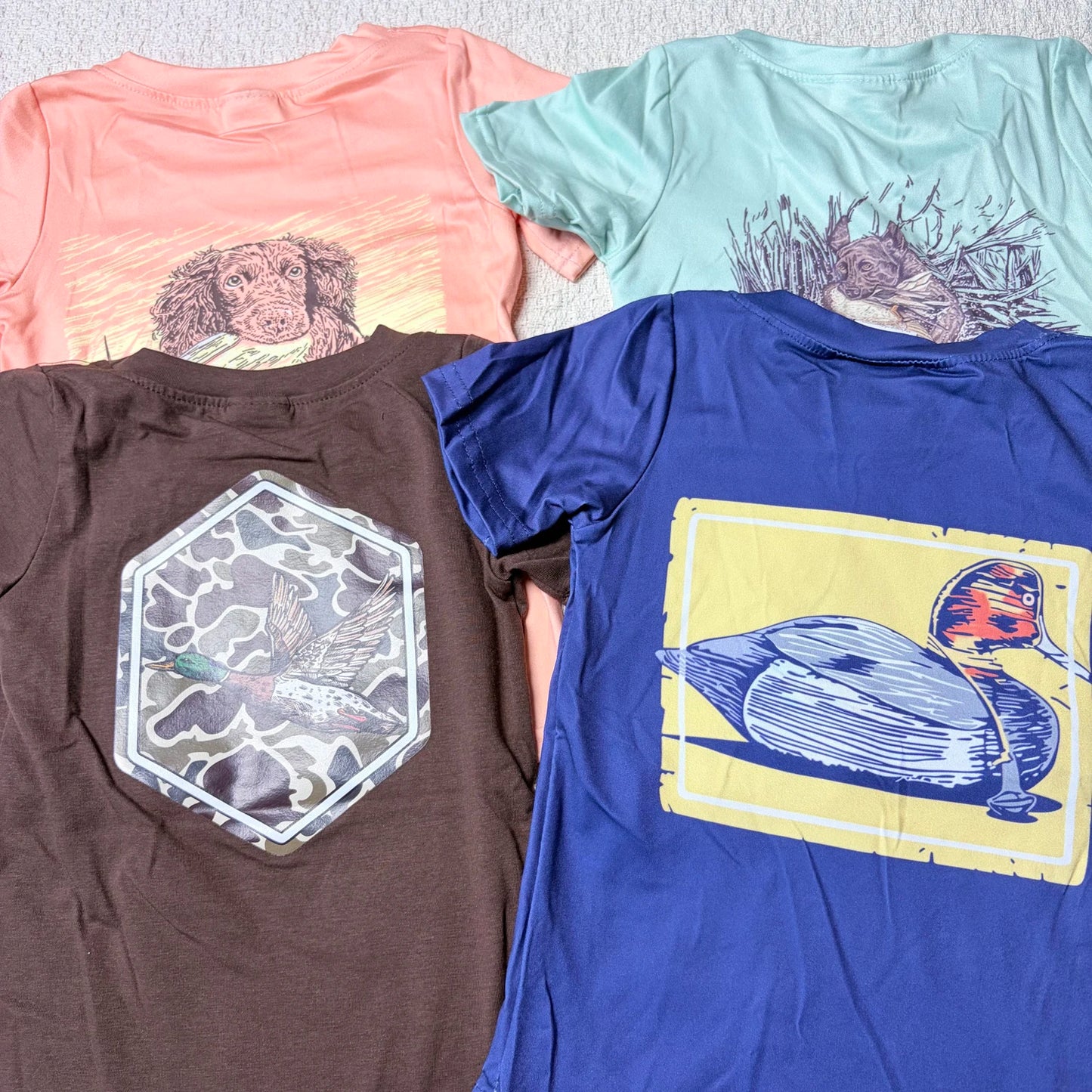 Boys Short Sleeve Tee Shirt Western Hunting Theme with Dog Deer Ducks Design