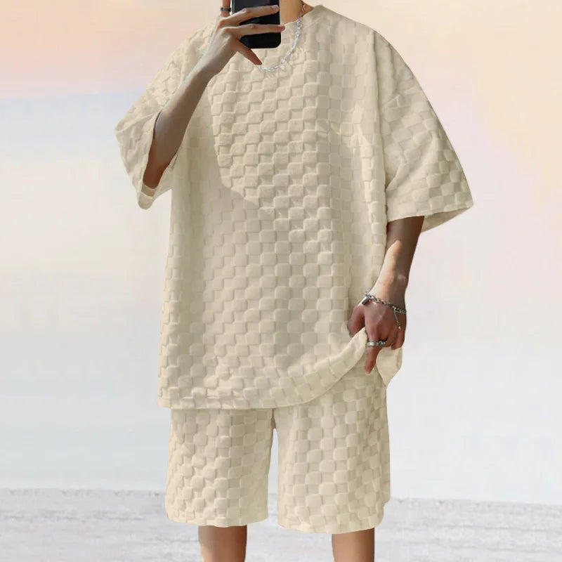 Summer Jacquard Plaid Short-Sleeve T-Shirt And Loose Straight-Leg Casual Shorts Set
