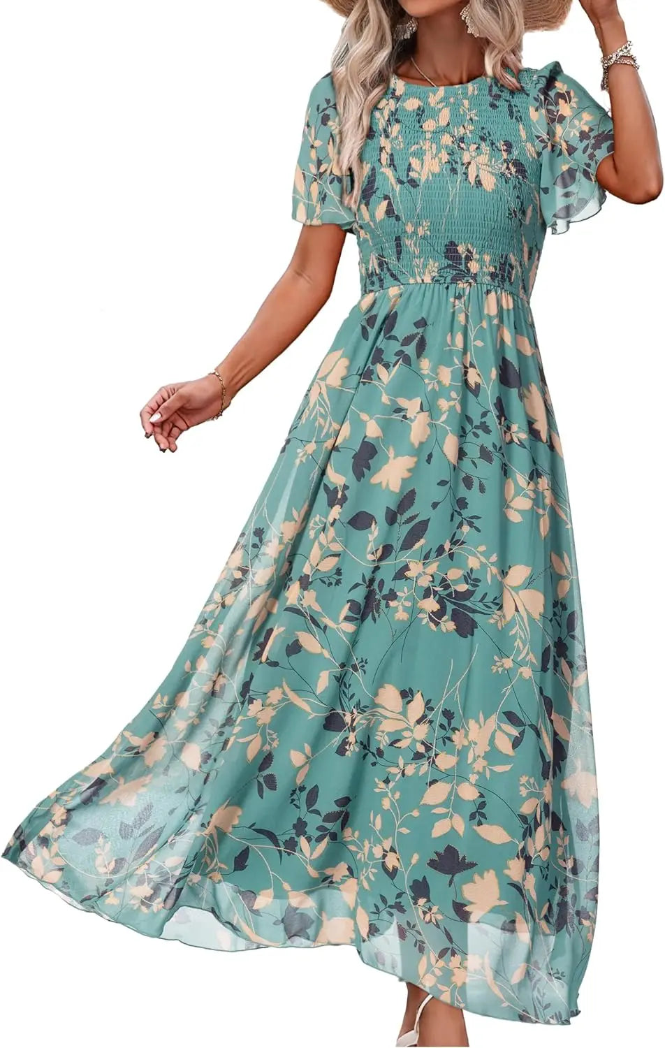 Womens Casual Floral Summer Maxi Dress 2026 Boho Flowy Short Sleeve Crew Neck Vacation Smocked Chiffon Dresses