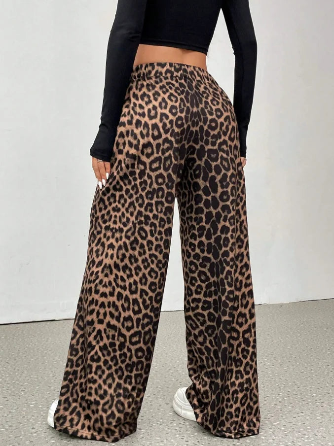 Women Leopard Print Wide Leg Pants Elastic High Waist Loose Casual Trousers