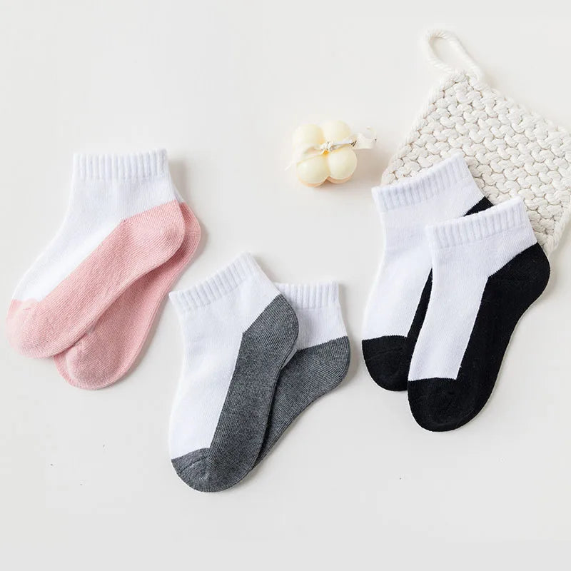 5 Pairs Children  Cotton Socks  Black, White, Gray For 1-12 Years