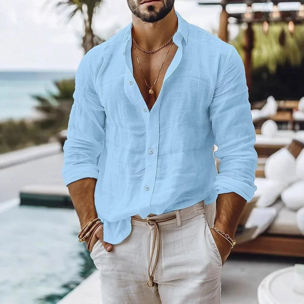 Cotton Linen Shirt, Beach Style Solid Color Single Breasted Breathable, Lightweight Button Tops