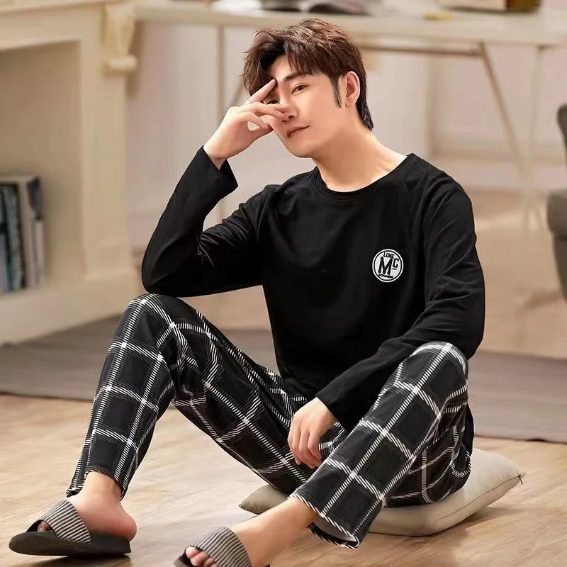 2PCS/Set Men's Pajamas Long-Sleeved Fashion Soft Simple Casual Black Striped Sleepwear