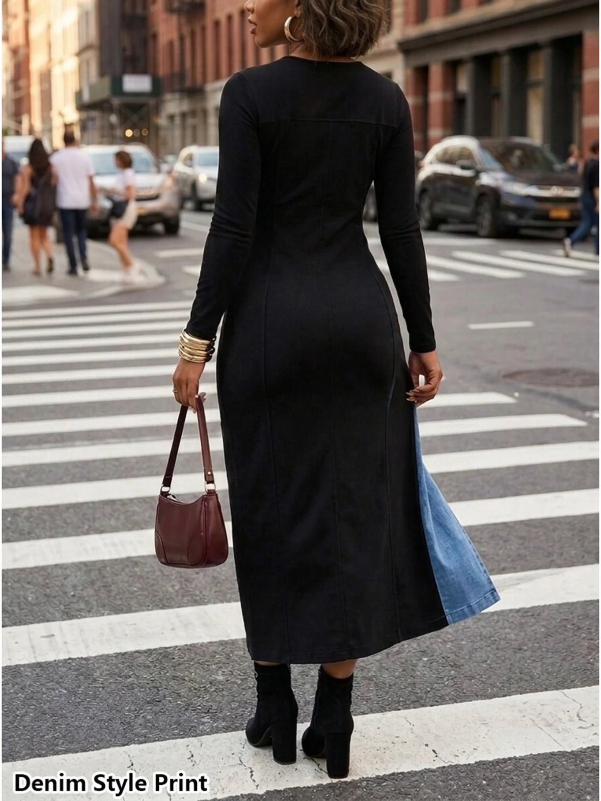 Women's Round Neck Long Sleeve Color Block Front Slit Slim Fit Midi Dress