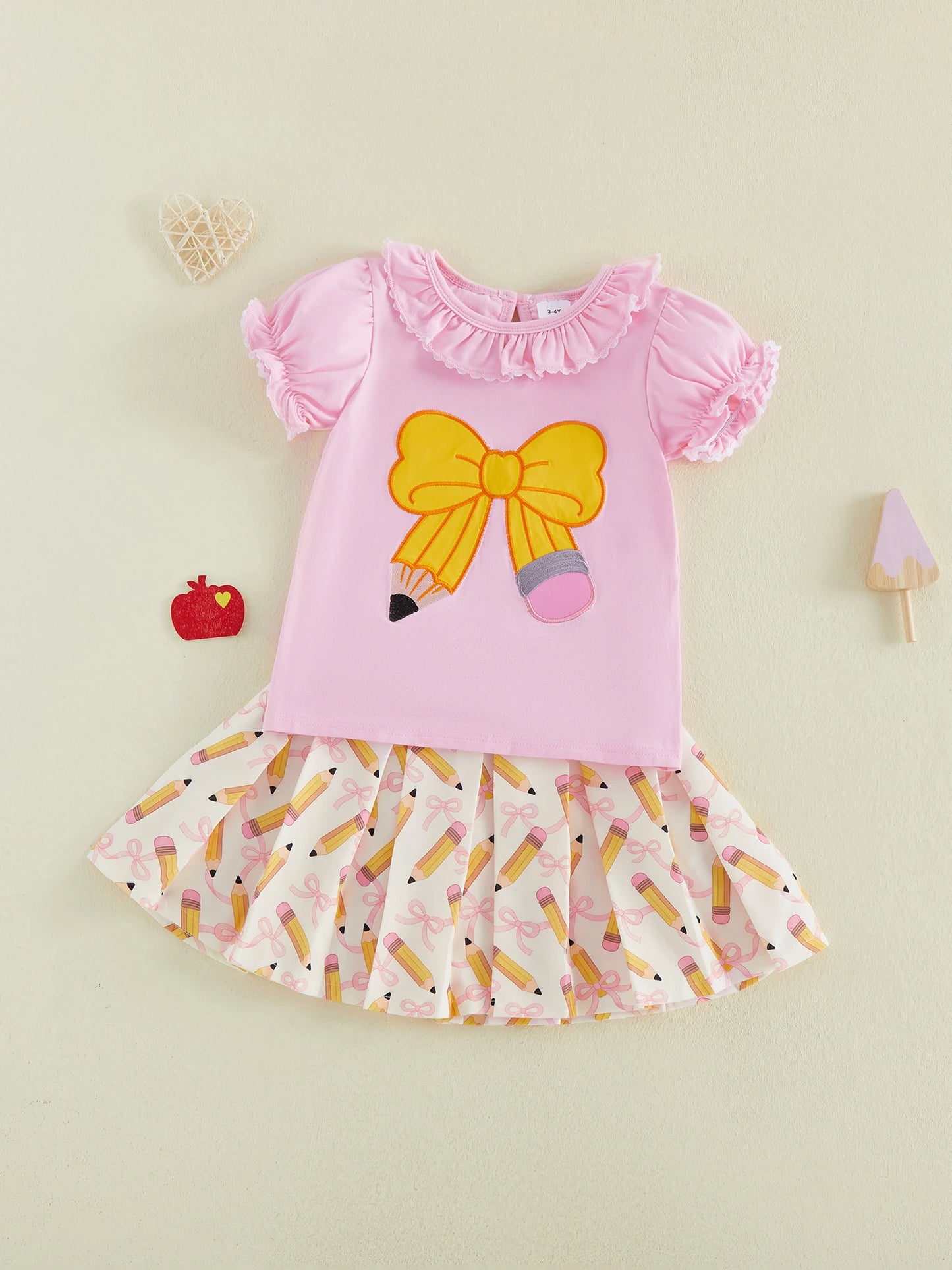 Girls Floral Print Ruffle Sleeve Blouse Denim Skirt 2 Piece Set with Bow Detail