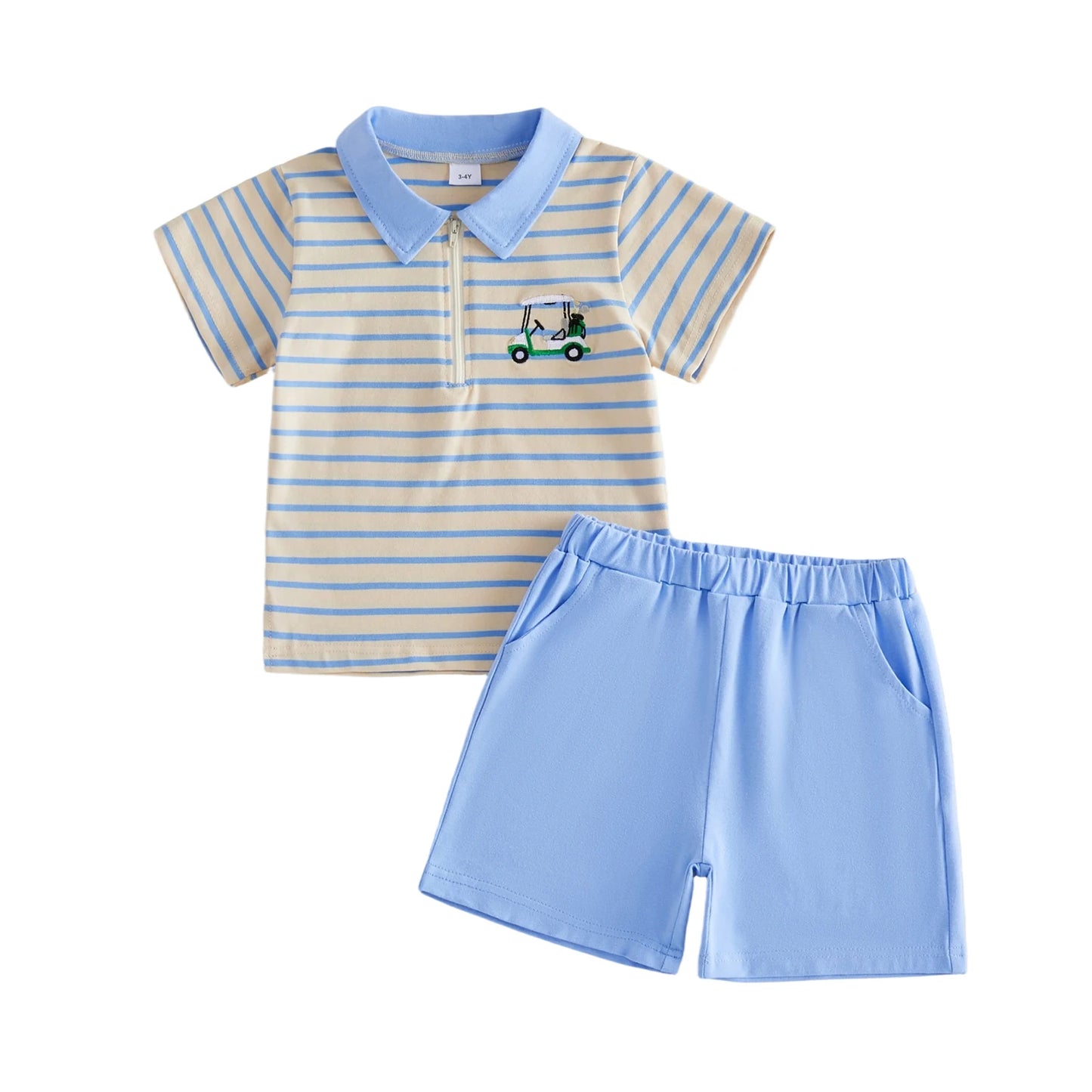 Summer Outfit Set with Short Sleeve Lapel Collar Embroidered Top and Matching Shorts