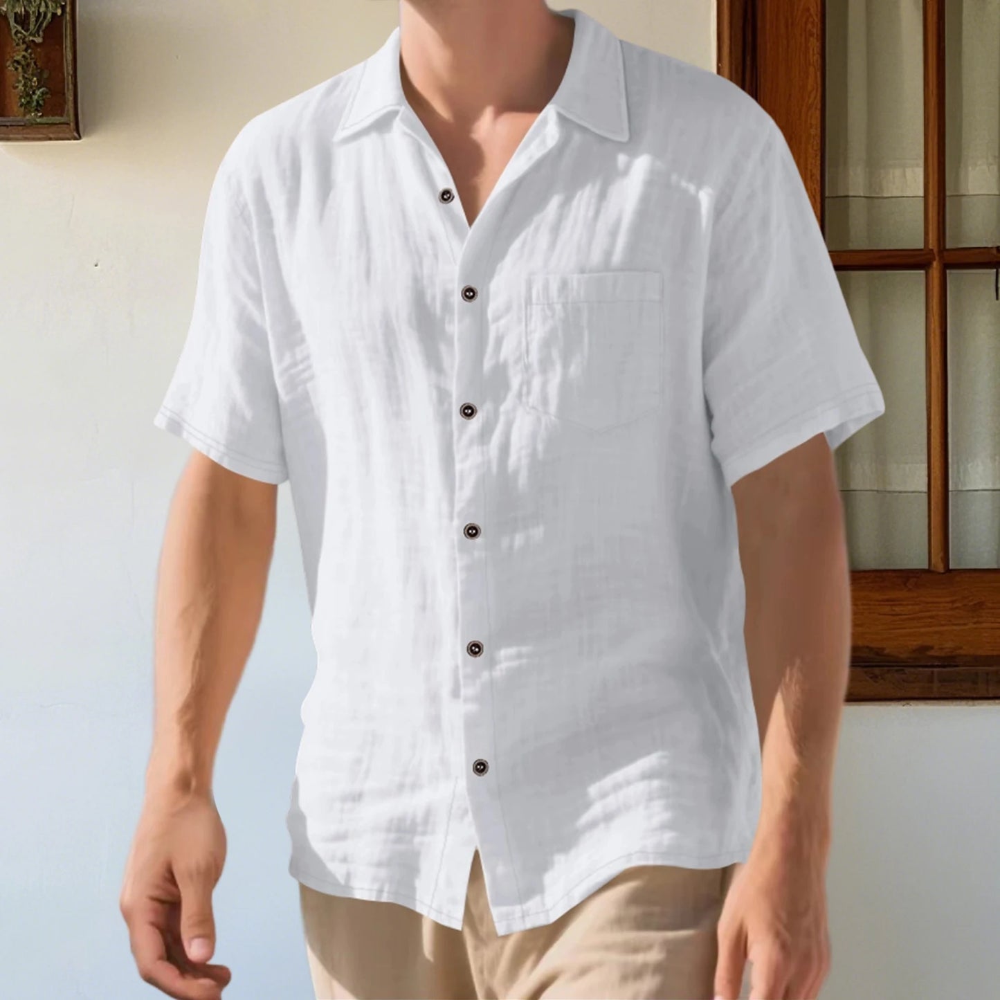 Men s Lightweight Linen Short Sleeve Button-Down, Solid Color Breathable Summer Shirts Loose Fit Lapel Collar