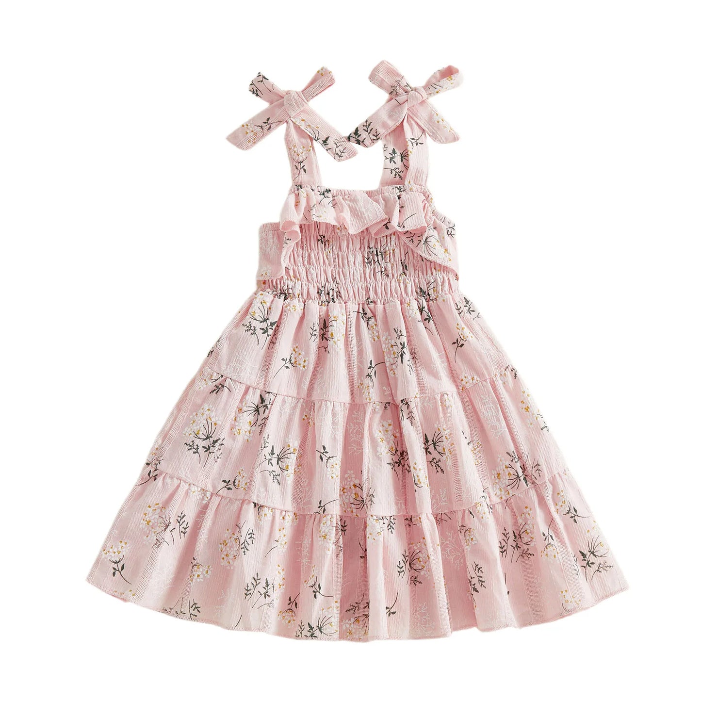 Girls Sleeveless Floral Print A-Line Dress with Tie Shoulder Detail