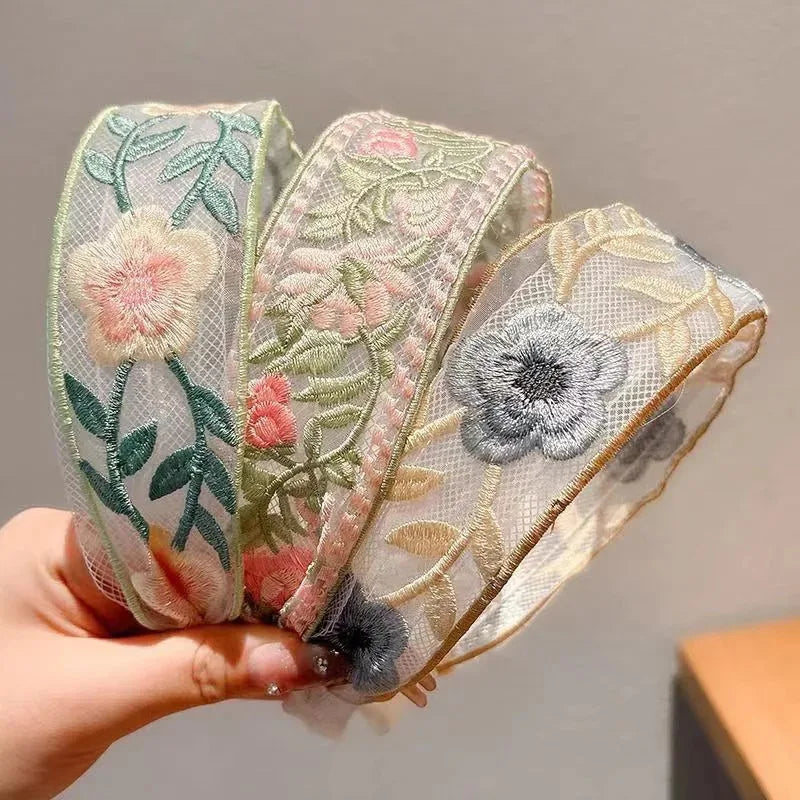 3 Pack Chiffon Embroidered Flower Headband