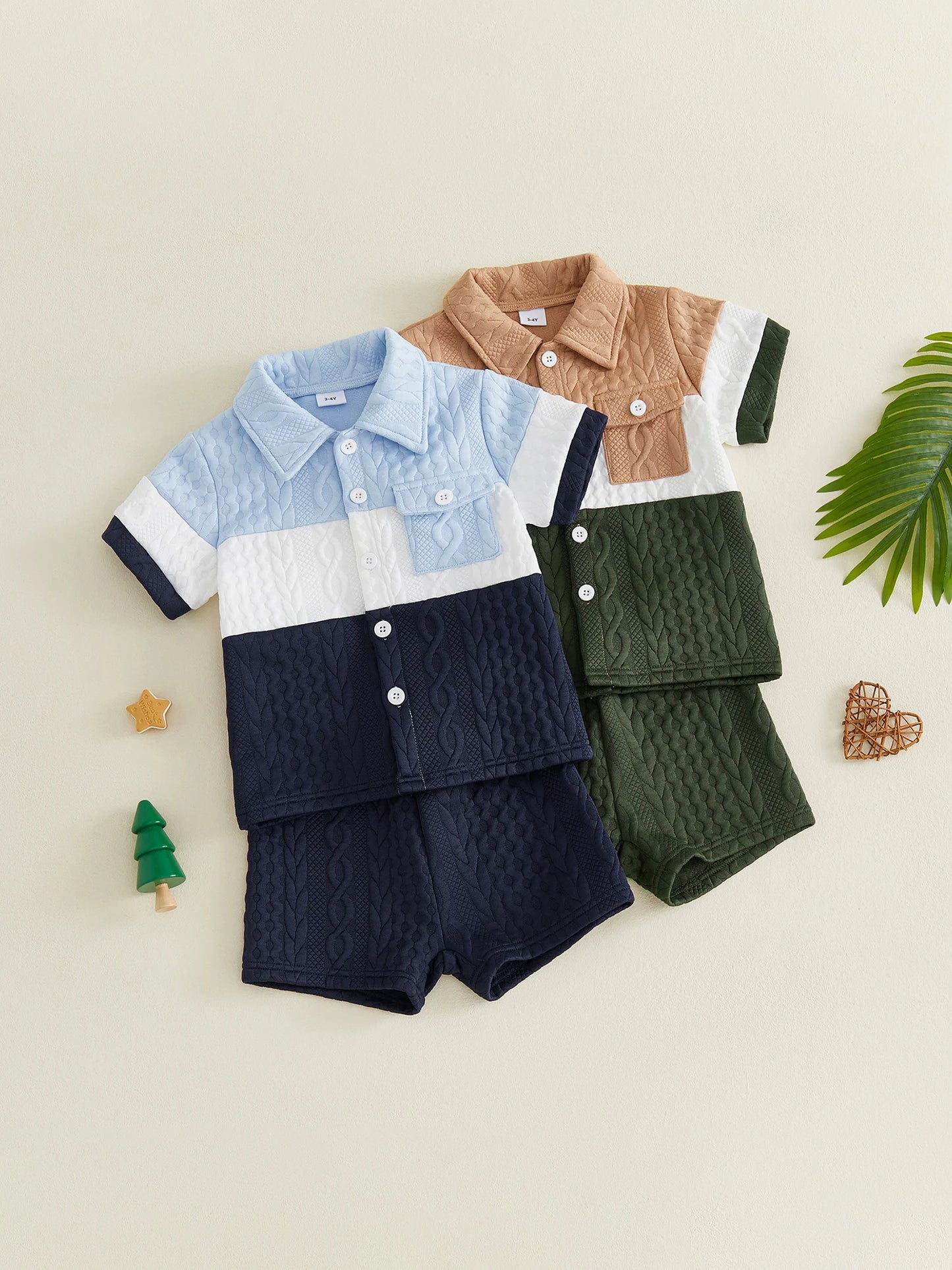 Boy s Summer Outfit Set with Short Sleeve Button-up Shirt and Solid Shorts