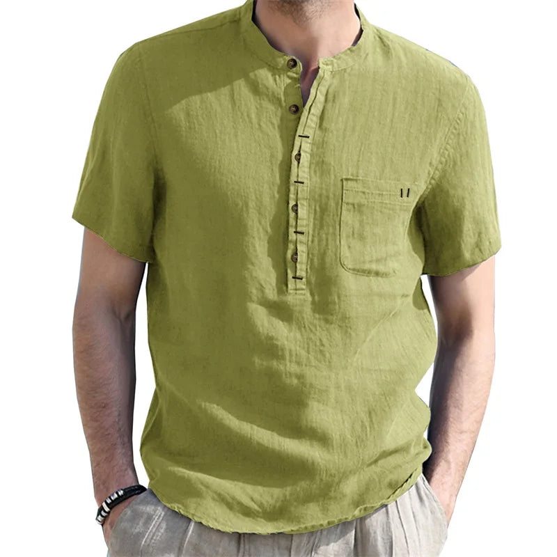 Casual Short Sleeve Linen Shirt Lightweight Breathable with Round Neck