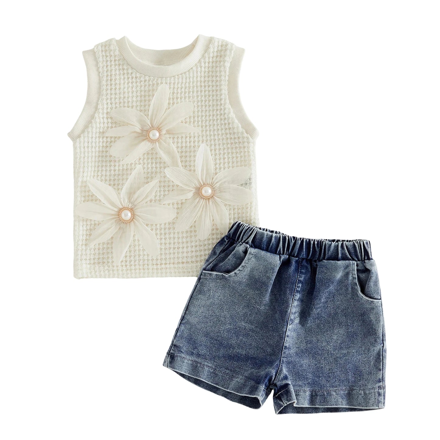 Girls Floral Print Ruffle Sleeve Tunic Top and Stretchy Denim Shorts