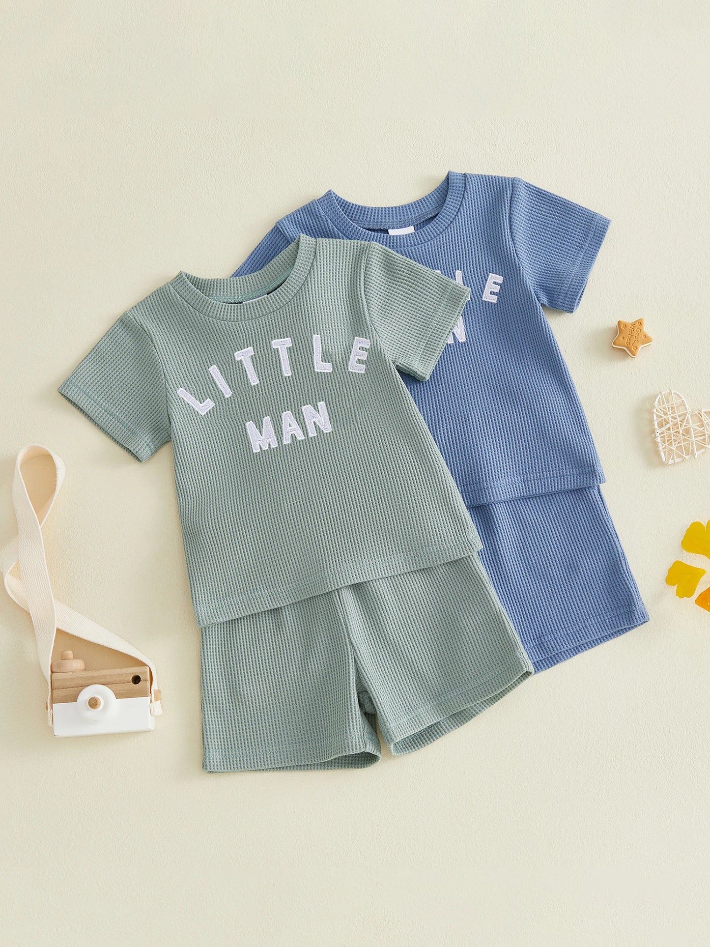 Infant Boy's Summer Clothes Set with Printed Crew Neck Tee and Matching Shorts