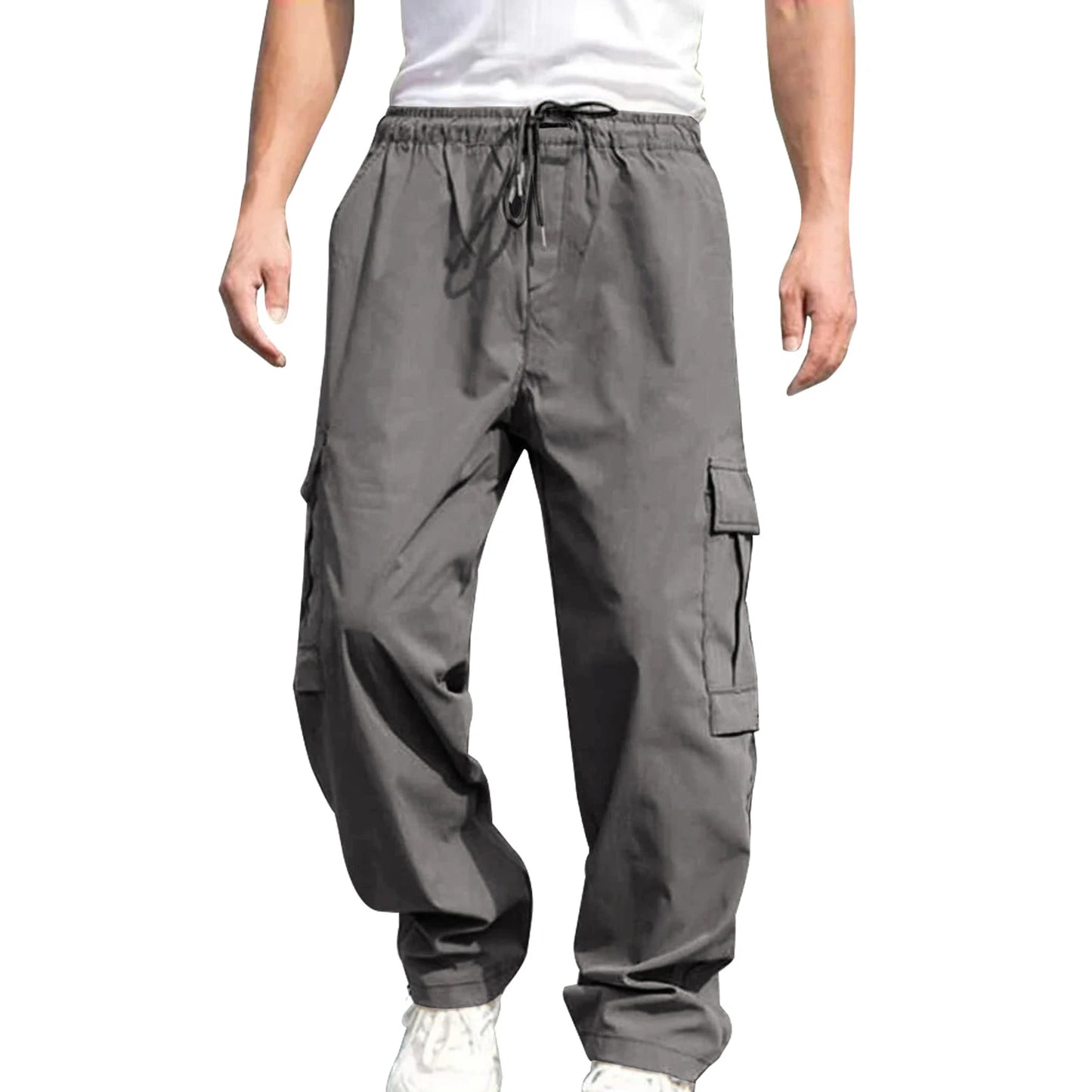 Men s Loose Cargo Long Pants Solid Color Drawstring Waist Straight Leg with Pockets