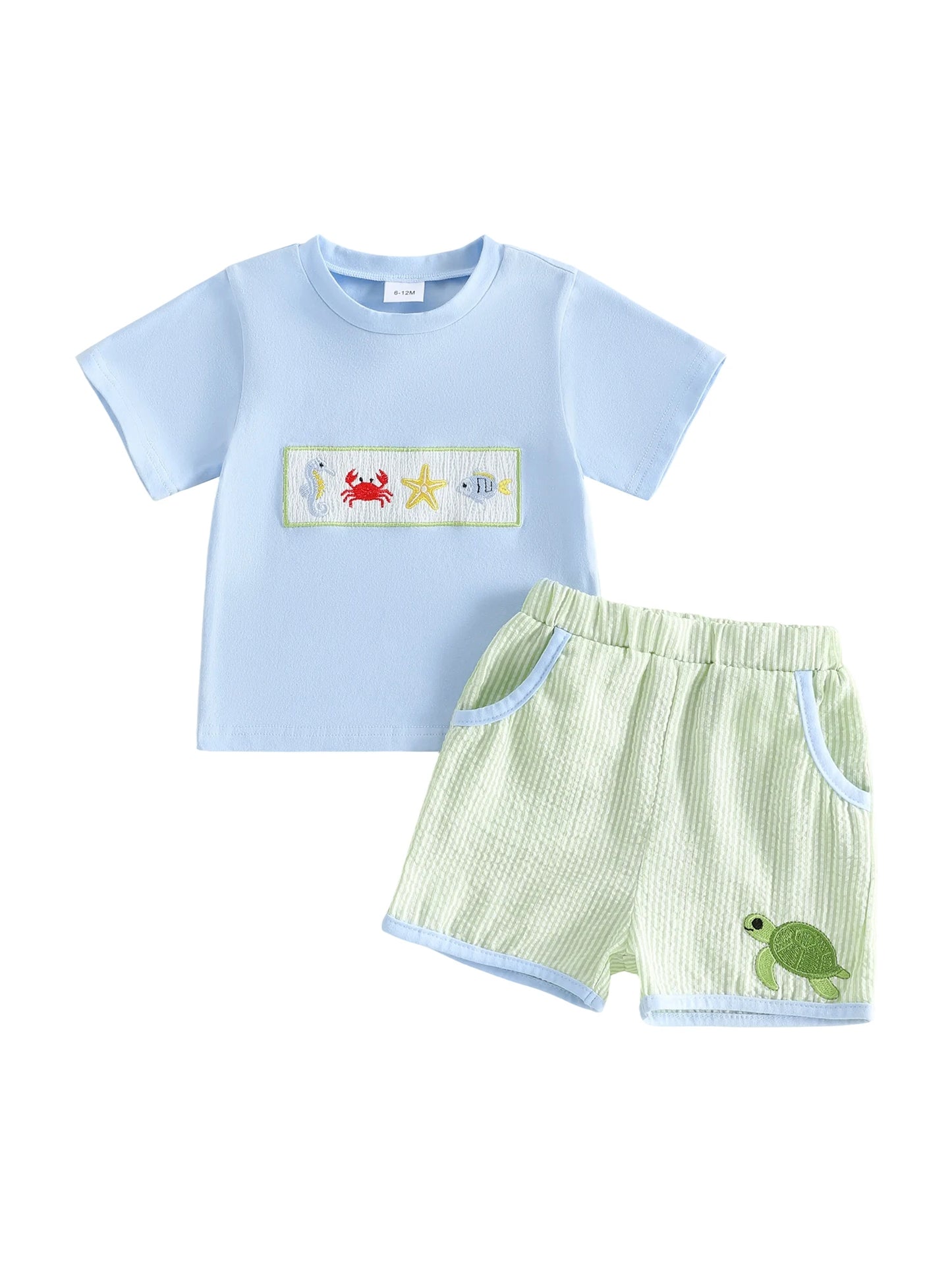 Boys Beach Theme Tee and Shorts Set with Sea Animal Embroidery
