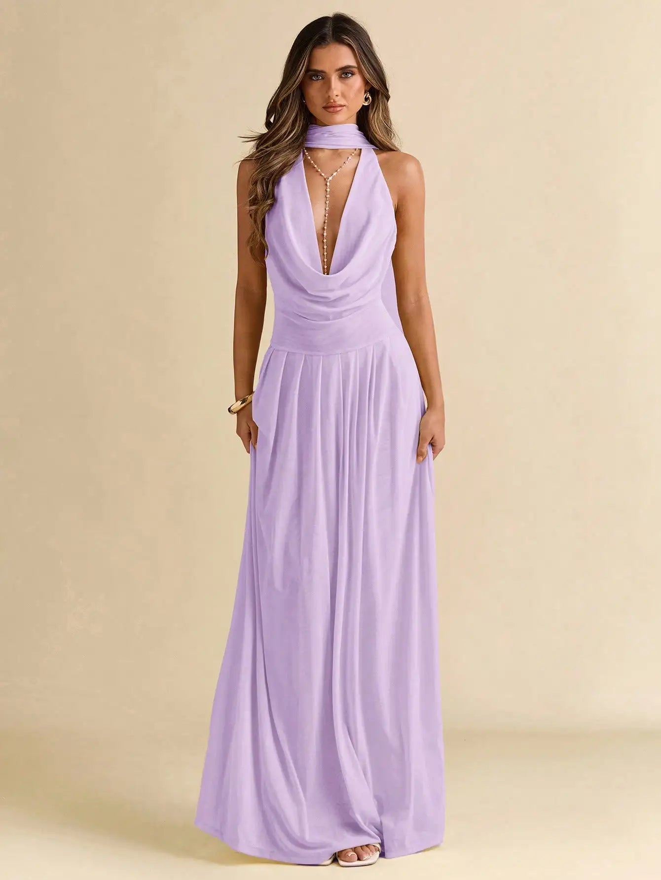 Solid Color Draped Halter Backless Maxi Dress