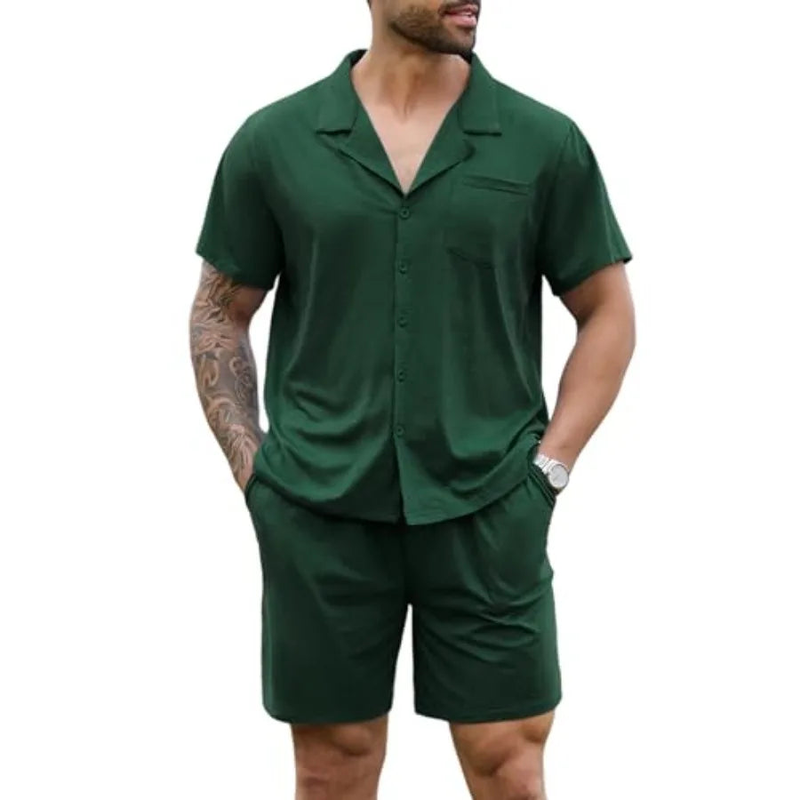 Men Cotton Sleepwear Short Sleeve Button Down Loungewear