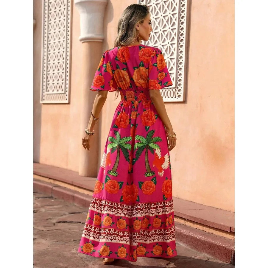 Women Bohemian Maxi Dress Fuchsia Floral Print Multi-Color