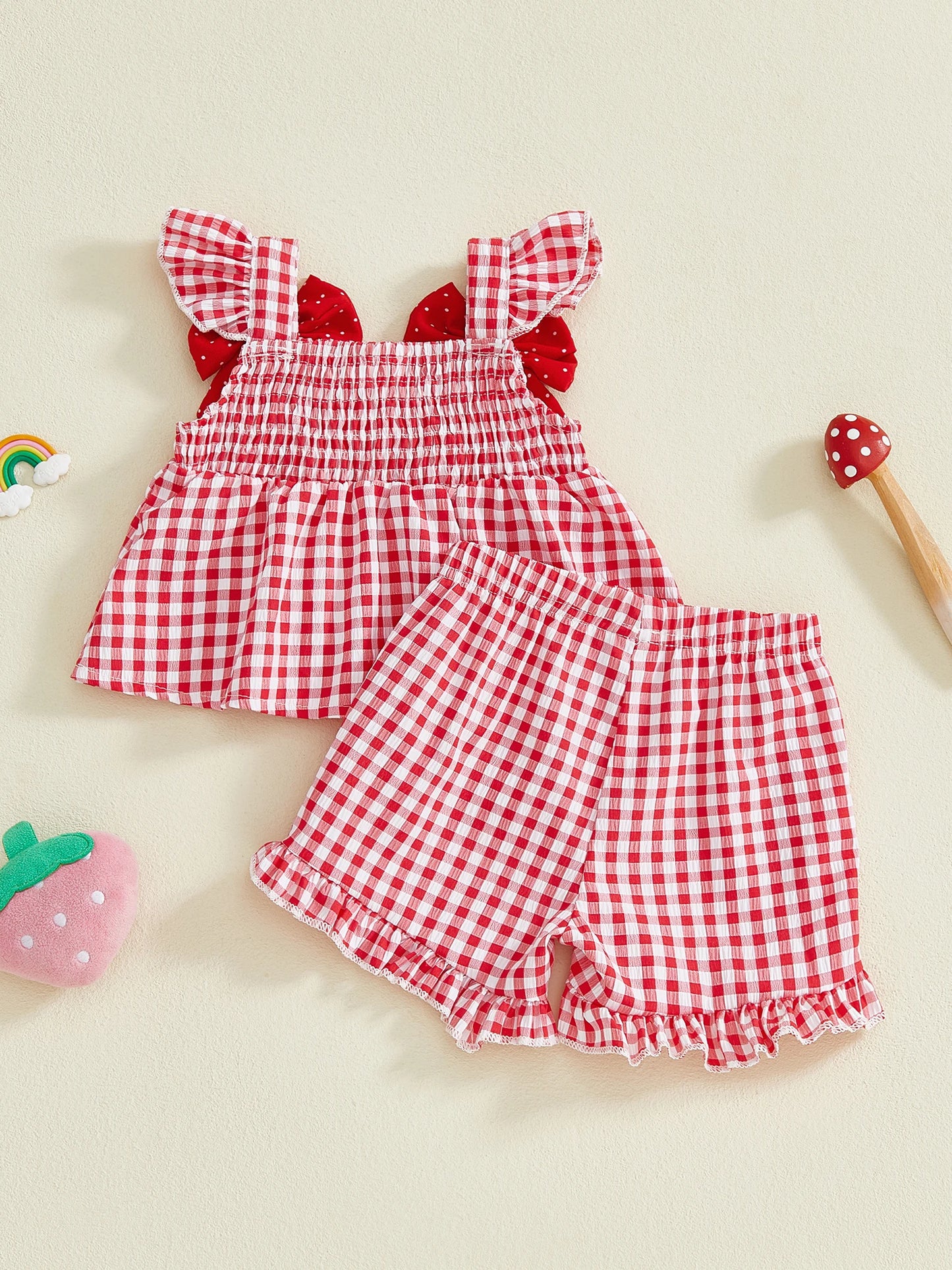 Girl Floral Print Sleeveless Top and Shorts Set with Bow Detail and Ruffle Trim