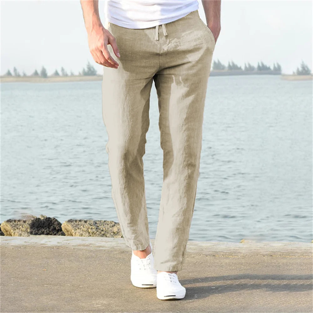 Men's Cotton Linen Pants New Breathable Solid Color Linen Trousers S-3XL