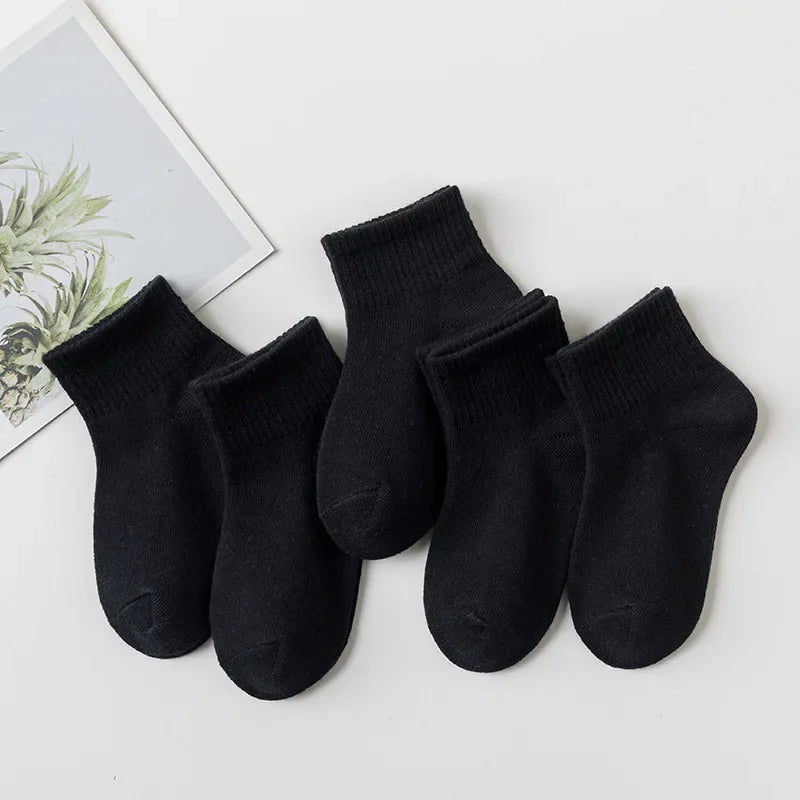 5 Pairs Children  Cotton Socks  Black, White, Gray For 1-12 Years