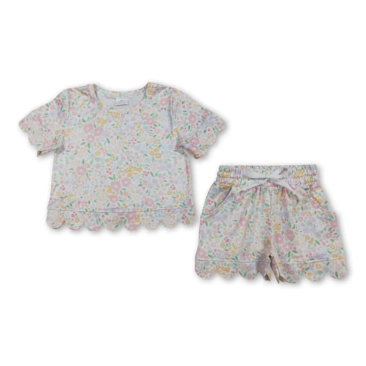 Girls Colorful Flowers Top with Scallop Short Sets