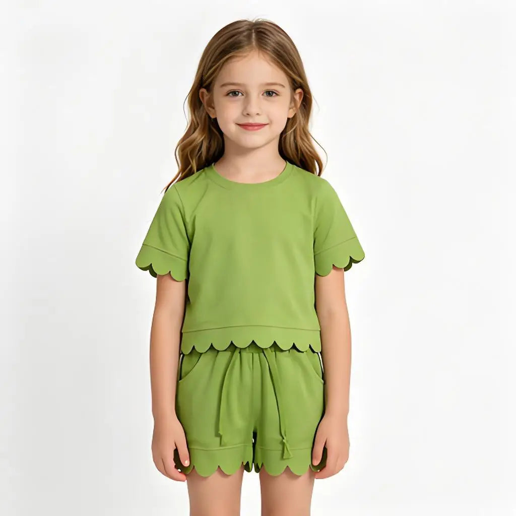 Cotton Clothes Sets with Short Sleeve Top Pockets And Scallop Shorts