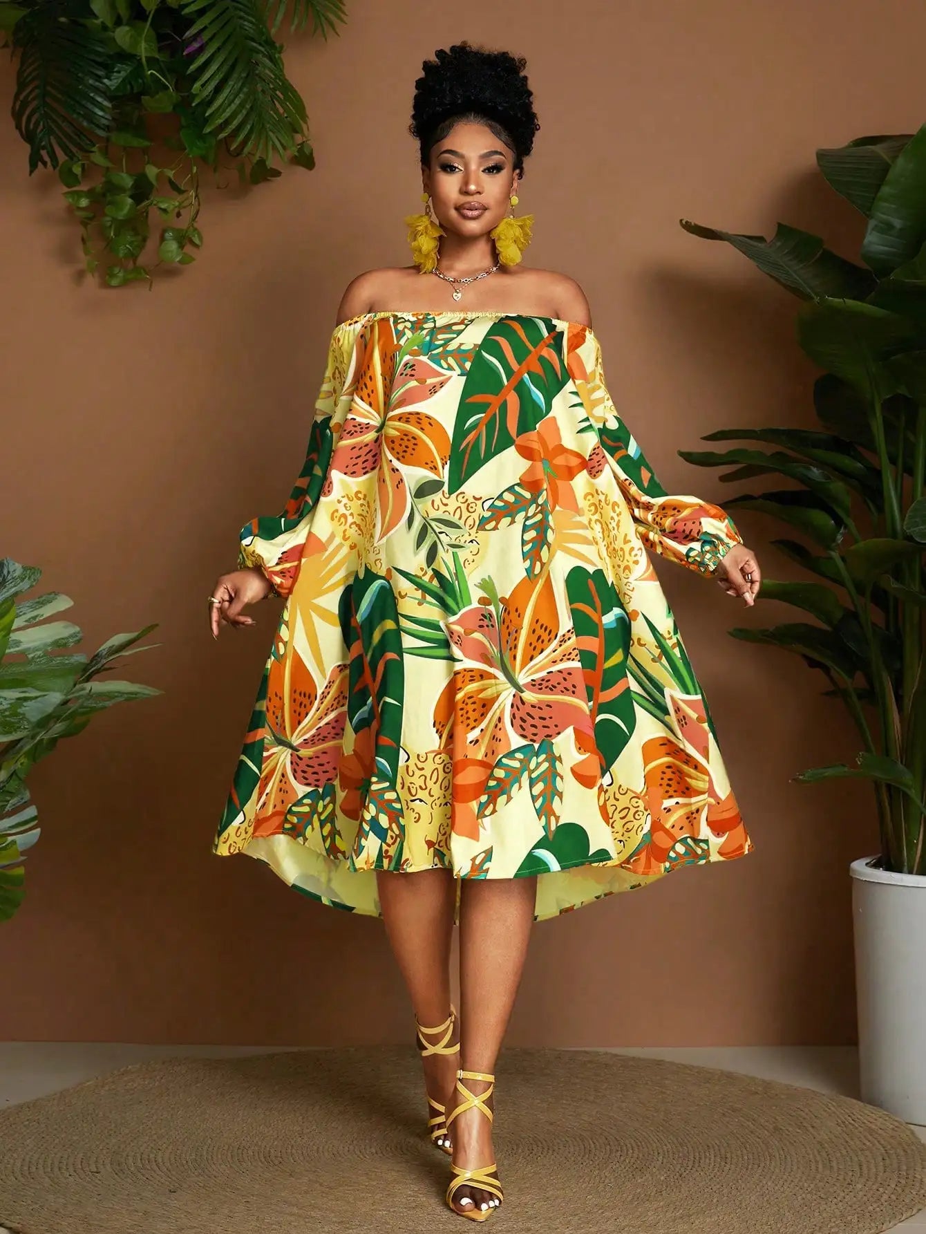 Off Shoulder Tropical Print Casual Vacation Dress